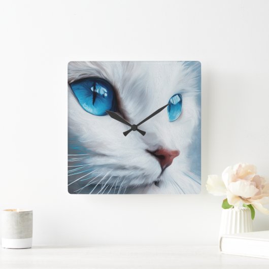 Verticaal witte kat met blauwe ogen vierkante klok (Huis)