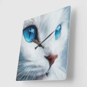 Verticaal witte kat met blauwe ogen vierkante klok (Hoek)