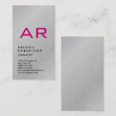 Verticaal zilver grijs rendy roze monogram visitekaartje (Voorkant / Achterkant)
