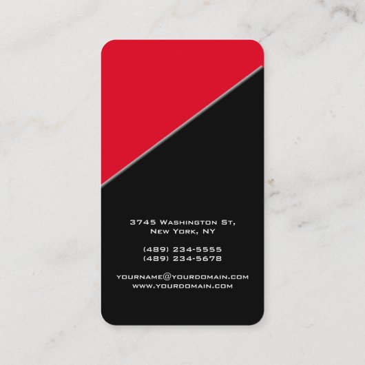 Verticaal, zwart, rood, uniek ontwerp visitekaartje (Achterkant)