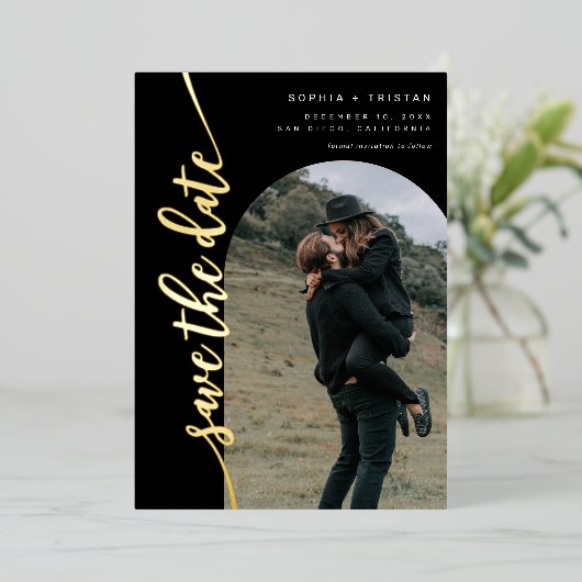Vertical Arch Photo Black Sla de datum op Folie Uitnodiging (Staand Voorkant)