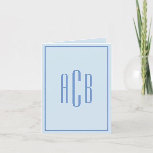 Vertical drieletterig blauw monogram met rand notitiekaartje (Voorkant)