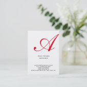Vertical eenvoudig wit rood monogram visitekaartje (Staand voorkant)