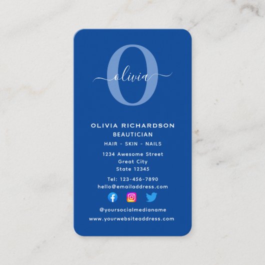 Vertical Monogram Script Naam Blauw Wit Meisjesach Visitekaartje (Voorkant)