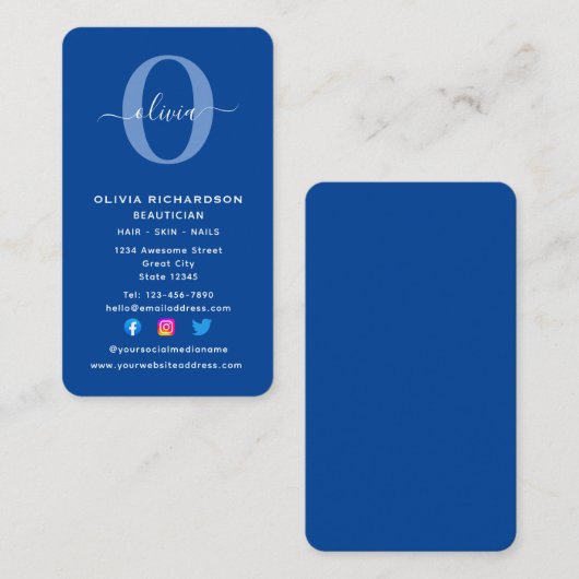 Vertical Monogram Script Naam Blauw Wit Meisjesach Visitekaartje (Voorkant / Achterkant)