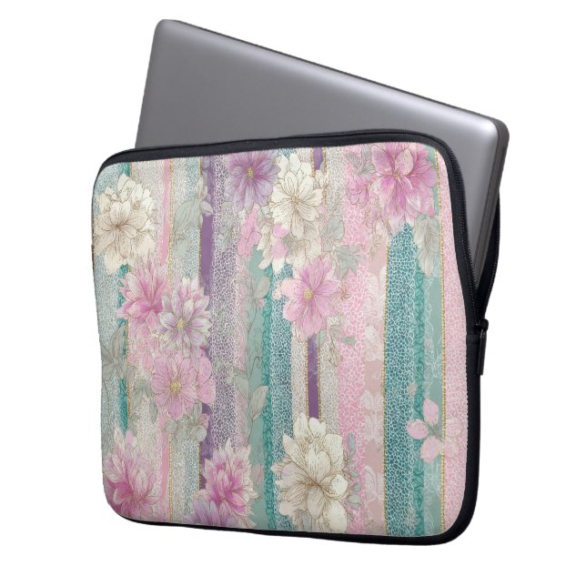 Vertical Pastel Stripes With Lace Textures  Laptop Sleeve (Voorkant Links)