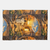 Vertical Risen Jesus Empty Tomb 3D Papercut Easter Theedoek (Horizontaal)