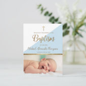 Verticale Achterkant Blauwe Jongen Foto Doopfeest Briefkaart (Staand voorkant)