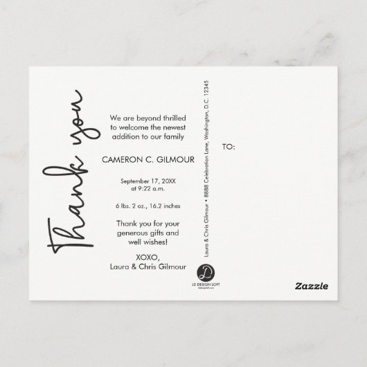 Verticale Baby geboorteaankondiging en bedankt Briefkaart (Achterkant)