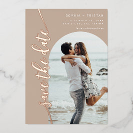 Verticale Boog Foto Taupe Save the Date Folie Uitnodiging