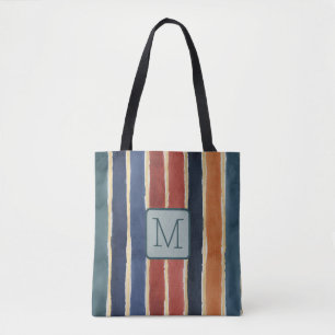 Verticale brede strepen Teal kleurblokmonogram Tote Bag