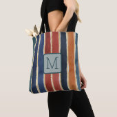 Verticale brede strepen Teal kleurblokmonogram Tote Bag (Dichtbij)