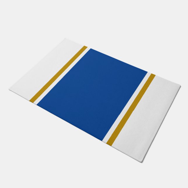 Verticale Deep Blue Brown Racing Stripes op wit Deurmat (Schuin)