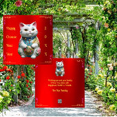 Verticale Folie Fortune Cat Chinese Nieuwjaarskaar Feestdagenkaart