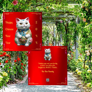 Verticale Folie Fortune Cat Chinese Nieuwjaarskaar Feestdagenkaart