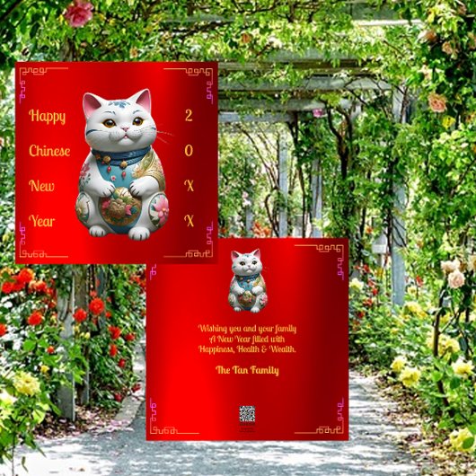 Verticale Folie Fortune Cat Chinese Nieuwjaarskaar Feestdagenkaart