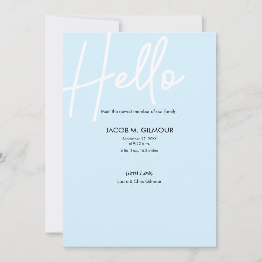 Verticale foto Blue Hallo Script Baby Boy geboorte Aankondiging (Achterkant)
