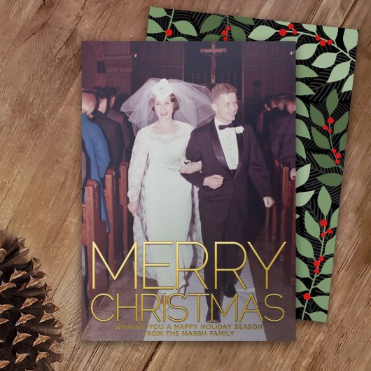 Verticale foto botanische kerst met kerst - goud folie feestdagenkaart