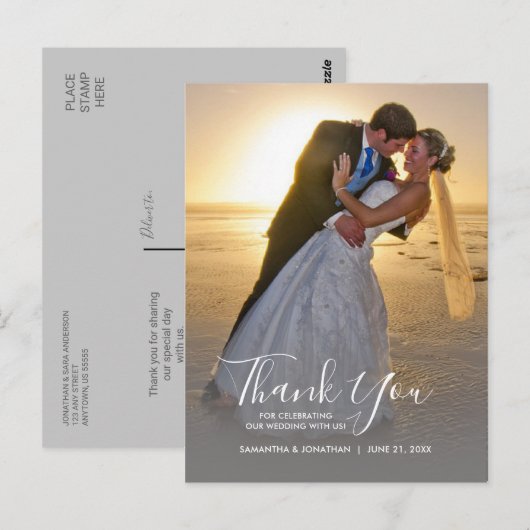 Verticale foto- en kalligrafie-huwelijksbedankkaar briefkaart (Voorkant / Achterkant)
