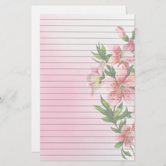 Verticale groep roze bloemen uitgelijnd briefpapier (Voorkant / Achterkant)