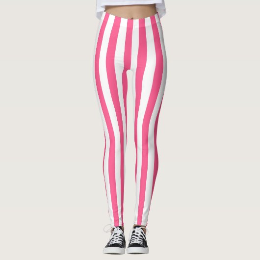 Verticale hotroze en witte strepen leggings (Voorkant)