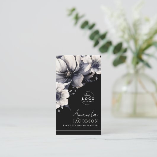 Verticale Logo Black Floral Elegant Professional Visitekaartje (Staand voorkant)