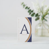 Verticale moderne marine, goud en wit monogram visitekaartje (Staand voorkant)