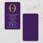 Verticale Monogram Script Naam Paars Wit Goud Visitekaartje (Voorkant / Achterkant)