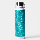 Verticale naam in witte script op een turquoise wa waterfles (Achterkant)