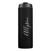 Verticale naam in witte script op zwart personalis thermosbeker (Voorkant)