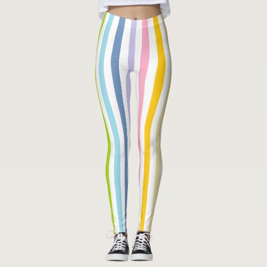 Verticale pasteelregenboog en witte strepen leggings (Voorkant)