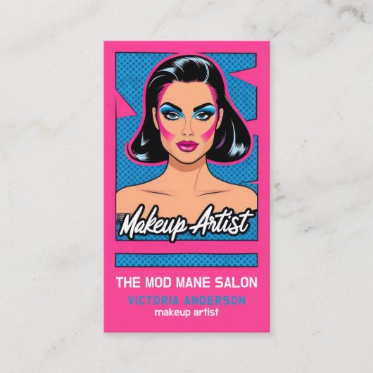 Verticale Pop Art Neon Roze Blauw Make-up Artiest Visitekaartje (Voorkant)