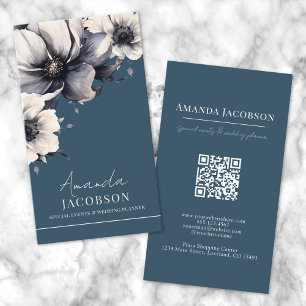 Verticale QR-code Blauwe Bloemen Elegante Professi Visitekaartje