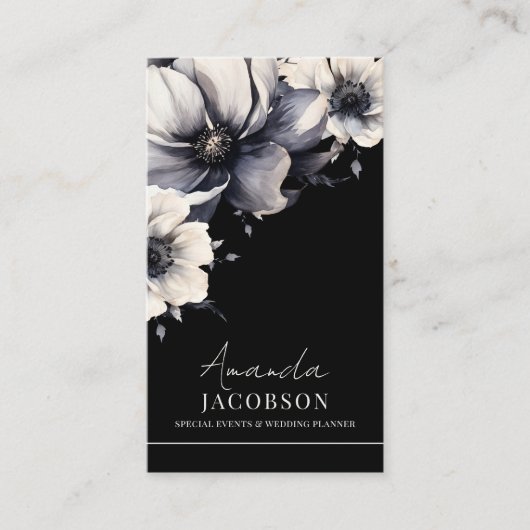 Verticale QR-code Zwart Bloemen Elegant Profession Visitekaartje (Voorkant)