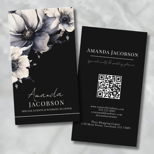 Verticale QR-code Zwart Bloemen Elegant Profession Visitekaartje