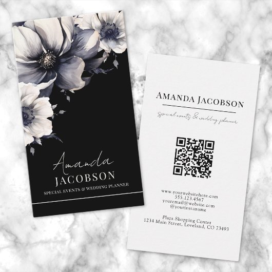 Verticale QR-code Zwart Bloemen Elegant Profession Visitekaartje