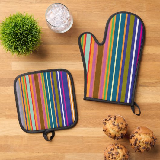 Verticale Retro Strepen Kleurrijk Ovenwant & Pannenlap Set (Top down)