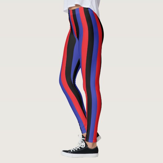 Verticale rode, zwarte en blauwe strepen leggings (Links)