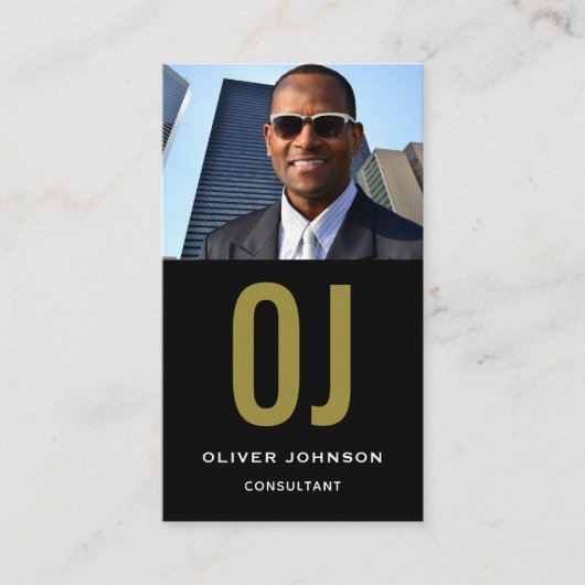 Verticale sociale media Monogram zwart - wit goud Visitekaartje (Voorkant)