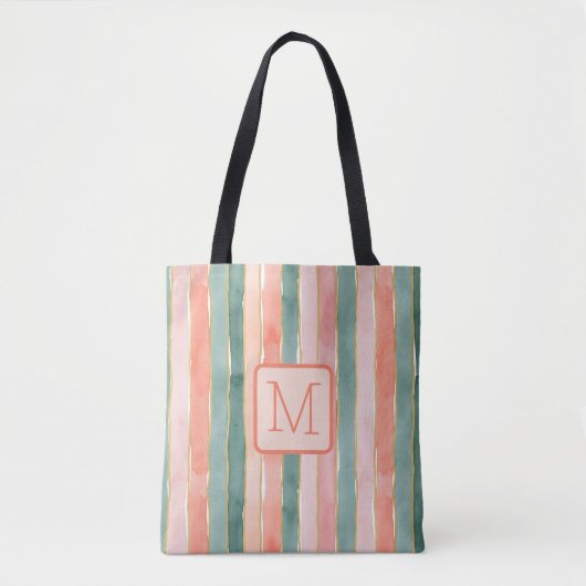 Verticale strepen perzik kleurblok monogram tote bag (Voorkant)