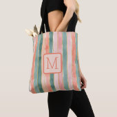 Verticale strepen perzik kleurblok monogram tote bag (Dichtbij)