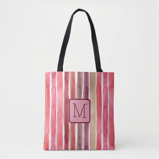Verticale strepen pruimkleurig kleurblokmonogram tote bag (Voorkant)