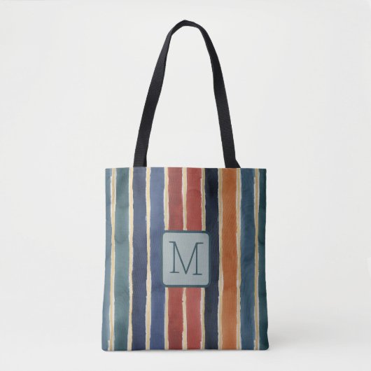 Verticale strepen Teal Kleurblok Monogram Tote Bag (Voorkant)