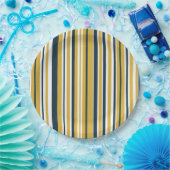 Verticale stripes mosterdgeel, marineblauw, wit papieren bordje (Feest)