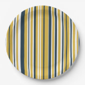Verticale stripes mosterdgeel, marineblauw, wit papieren bordje (Voorkant)