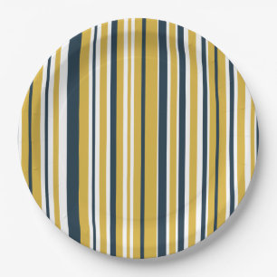 Verticale stripes mosterdgeel, marineblauw, wit papieren bordje