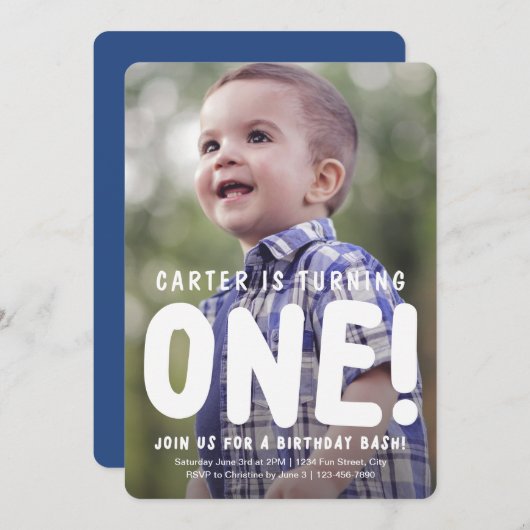 Verticale Volledige Foto Eerste Verjaardag Uitnodi Kaart (Voorkant / Achterkant)