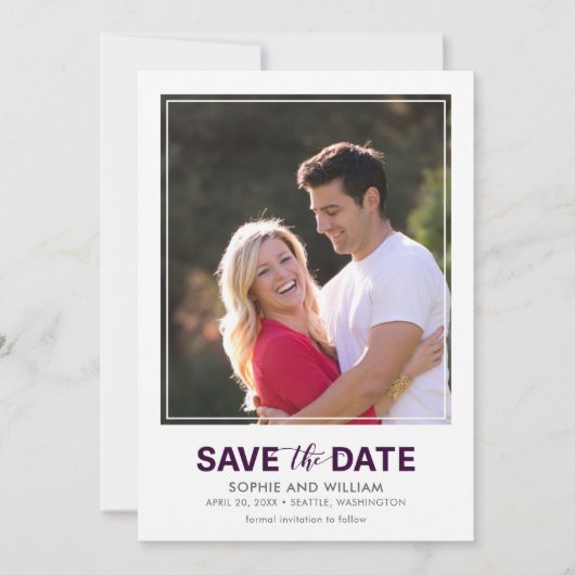 Verticale witte rand Paarse Sla de datumfoto op Save The Date (Voorkant)