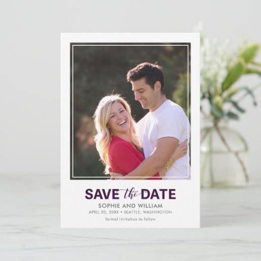 Verticale witte rand Paarse Sla de datumfoto op Save The Date (Staand voorkant)