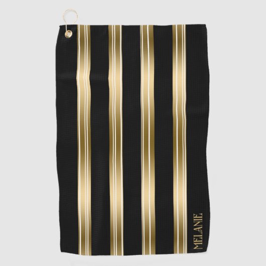 Verticale zwarte en gouden strepen witte achtergro golfhanddoek (Voorkant)